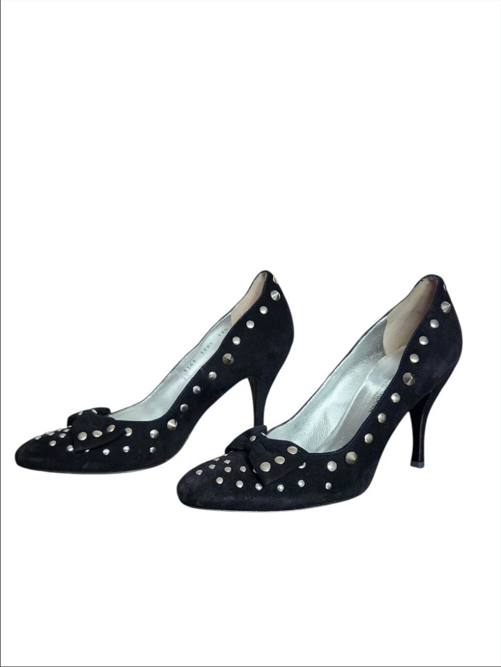 Dolce & Gabbana Black Chamois Suede Studded Almond Toe Bow Heels Size 37.5 W/box
